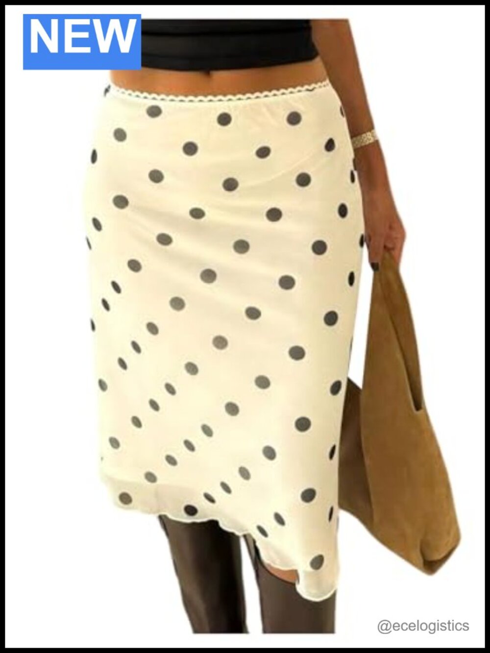 Women's Polka Dots Midi Skirt Low Rise Slim Fit Knee Length Pull On